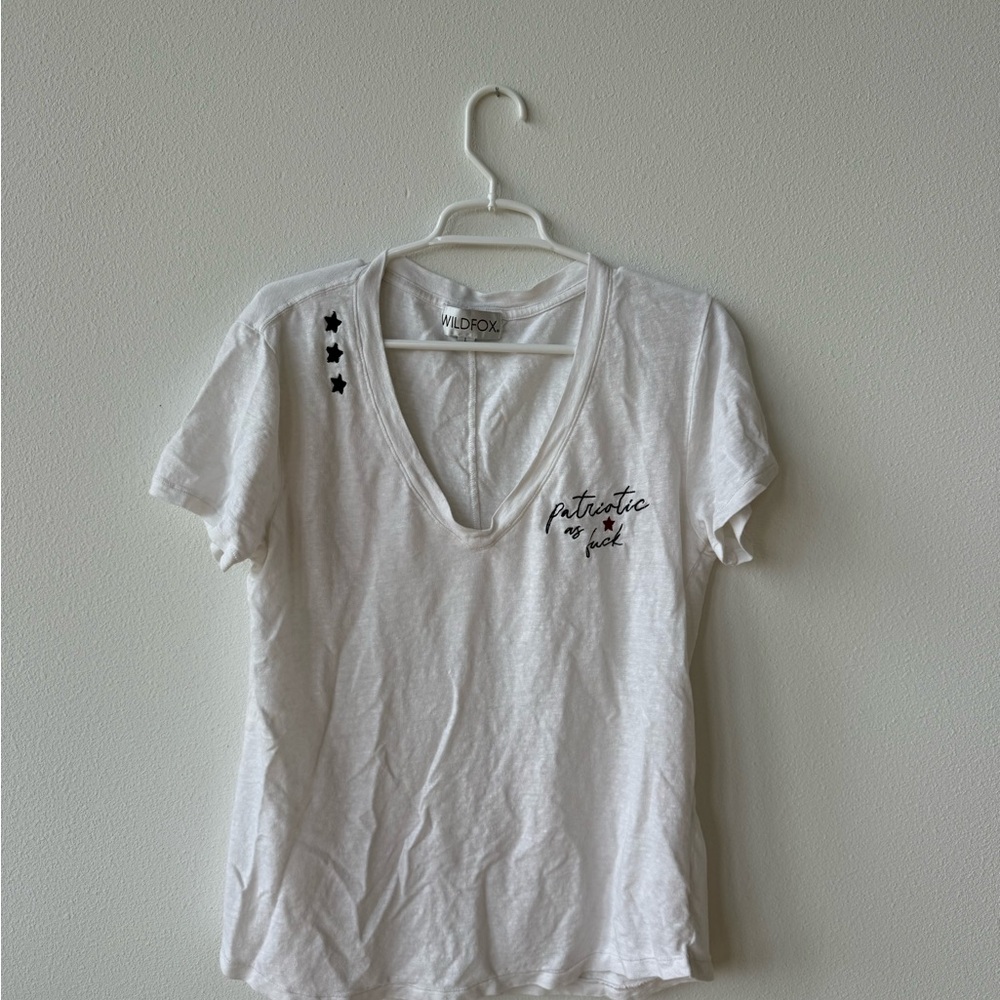 Wildfox White V-Neck Tee with Stars and Script Details